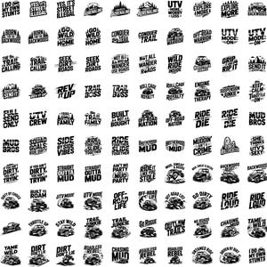 Puede incluir: Una colecci&oacute;n de dise&ntilde;os gr&aacute;ficos en blanco y negro con tem&aacute;tica de veh&iacute;culos todoterreno. Cada dise&ntilde;o presenta texto como "Adrenalina", "Trail Junkie" y "Mud Bros", junto con ilustraciones de veh&iacute;culos.