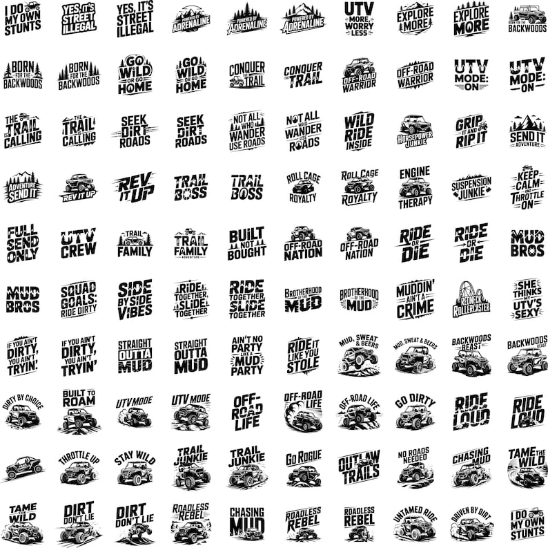 Puede incluir: Una colecci&oacute;n de dise&ntilde;os gr&aacute;ficos en blanco y negro con tem&aacute;tica de veh&iacute;culos todoterreno. Cada dise&ntilde;o presenta texto como "Adrenalina", "Trail Junkie" y "Mud Bros", junto con ilustraciones de veh&iacute;culos.