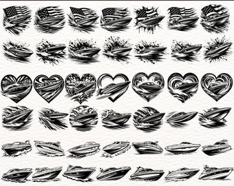 May include: A collection of 100 black and white speedboat designs. The designs feature speedboats in various poses, including in waves, with hearts, and with American flags. The text "SPEEDBOAT" and "100 DESIGNS" are at the top and bottom of the image, respectively. The text "SVG-PNG-EPS" is at the bottom right corner of the image.