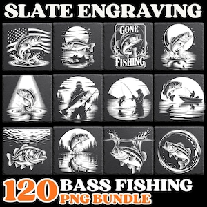 Op de afbeelding: Een verzameling zwarte leigravures met baarsvissen ontwerpen. Elke vierkante of cirkelvormige tegel toont gedetailleerde illustraties van baars, vissers en visscènes, met de tekst "SLATE ENGRAVING" en "BASS FISHING PNG BUNDLE".