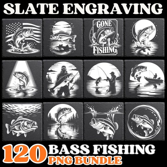 Bass Fishing PNG Bundle for Slate Engraving | Detailed Bass Fish Silhouette Designs | Fishing Clipart for Laser Engraving and Cricut Crafts