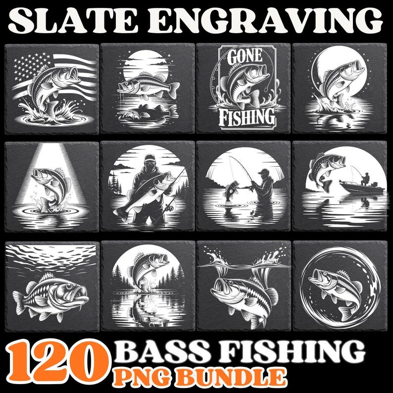 May include: A collection of black slate engravings featuring bass fishing designs. Each square or circular tile showcases detailed illustrations of bass, fishermen, and fishing scenes, with the text "SLATE ENGRAVING" and "BASS FISHING PNG BUNDLE".