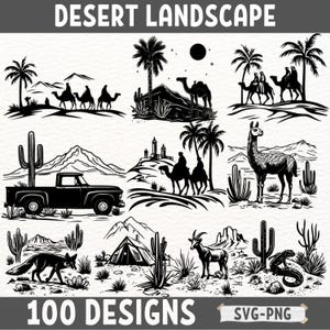 Lot paysage désertique SVG | Designs PNG Cactus, chameau, montagne et faune pour découpe Cricut et laser | Pack d'oeuvres d'art bohème et rustique