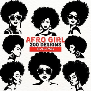 アフロガール SVG バンドル、200 種類の黒人女性のデザイン、Cricut 用 PNG クリップアート、アフリカ系アメリカ人女性のシルエット、アフロヘア昇華ファイル