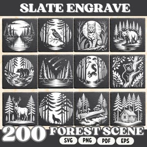 Forest Scene Slate Engraving SVG Bundle for Laser Cutting Cricut Glowforge PNG PDF Eps Forest Animal Cabin Woodland Clipart