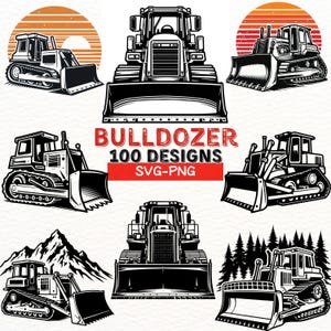 Pacote SVG de escavadeira, 100 PNG de veículos de construção, clipart de equipamento pesado, clipart de trator, download digital para Cricut e sublimação