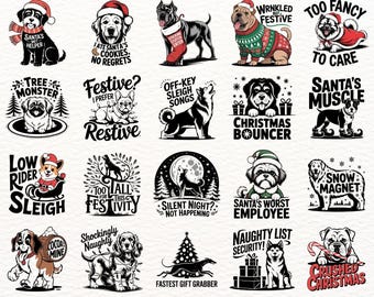 Puede incluir: Una colección de 200 diseños Snarky Dog Christmas en formatos SVG, PNG y EPS. Los diseños presentan varias razas de perros en escenarios festivos, con textos humorísticos como "Santa's Helper" y "Naughty List Security!"