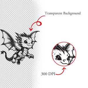 May include: Black and white illustration of a cute cartoon dragon with large eyes and wings. The dragon is facing forward and has a friendly expression.