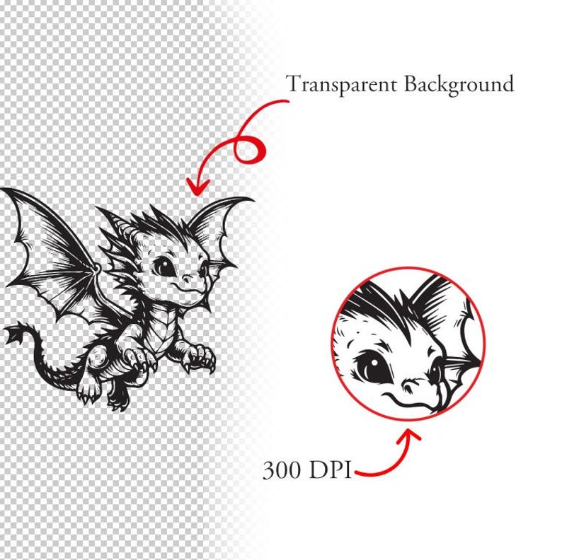 May include: Black and white illustration of a cute cartoon dragon with large eyes and wings. The dragon is facing forward and has a friendly expression.