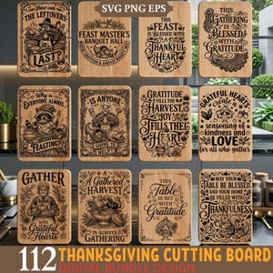 May include: A collection of twelve rectangular wooden boards featuring engraved Thanksgiving-themed illustrations and text, including phrases like 'This Feast is Blessed with a Thankful Heart' and 'Gather with Grateful Hearts' in a digital bundle.