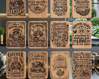 May include: A collection of twelve rectangular wooden boards featuring engraved Thanksgiving-themed illustrations and text, including phrases like 'This Feast is Blessed with a Thankful Heart' and 'Gather with Grateful Hearts' in a digital bundle.
