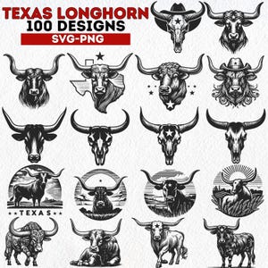 Ensemble Texas Longhorn SVG | 100 modèles de taureaux cow-boys | Clipart ferme western | Téléchargement numérique | Fichiers de découpe de rodéo rustique | Fichiers PNG