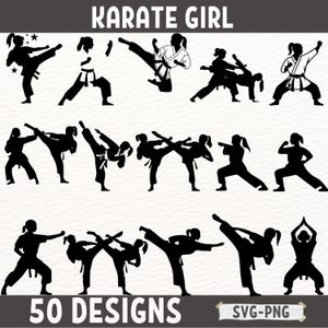 May include: A set of 50 black and white silhouette designs of karate girls in various poses. The designs are perfect for creating crafts, stickers, or digital downloads.