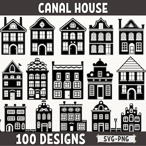 Paquete SVG PNG de casa en el canal, imágenes prediseñadas de casa en el canal de Ámsterdam, descarga digital de casas holandesas, silueta de casa antigua, diseños cortados con láser