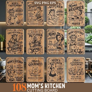 May include: A set of twelve wooden cutting boards, each with a unique design featuring kitchen-related illustrations and text. The boards showcase humorous themes, with phrases like "Mom's Kitchen" and "Experimental Kitchen" alongside animal characters.