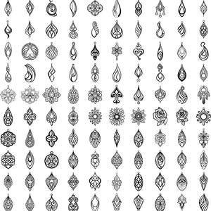 May include: A collection of black and white pendant designs. The pendants feature various shapes, including teardrops, floral patterns, and abstract forms. Each pendant has a small loop at the top for hanging.