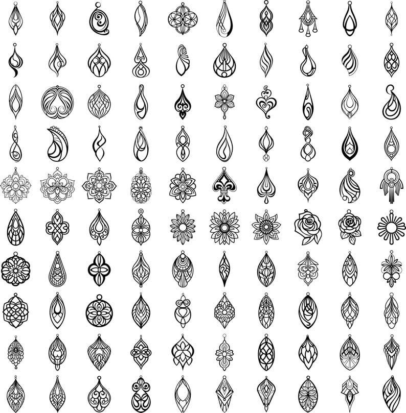 May include: A collection of black and white pendant designs. The pendants feature various shapes, including teardrops, floral patterns, and abstract forms. Each pendant has a small loop at the top for hanging.
