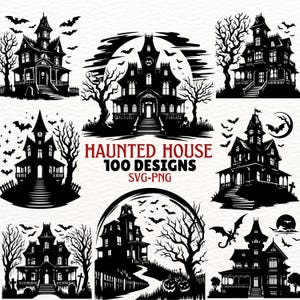 Haunted House SVG Bundle, 100 Spooky Halloween Designs, Digital Cut Files for Cricut, Silhouette, Clipart PNG, Haunted Mansion Clip Art