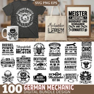 Puede incluir: Un diseño de paquete digital con varios gráficos con temática de mecánico alemán. Incluye una camiseta, un bolso de mano, una taza y una impresión enmarcada con texto e ilustraciones. Los diseños incorporan herramientas, calaveras y frases como "Deutscher Meister".