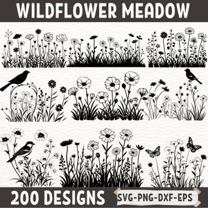 Wildblumen Wiese Silhouette Designs | SVG PNG Dxf Eps Bundle für Cricut | Florale Bordüren, botanische Naturszenen für Kunsthandwerk & Dekor