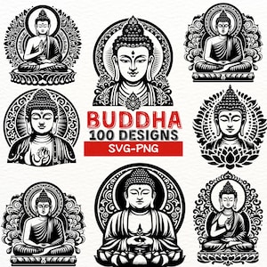 Pacchetto SVG Buddha, 100 disegni vettoriali di Buddha, clipart PNG per Cricut, arte digitale di mandala di meditazione, icone buddiste, download immediato