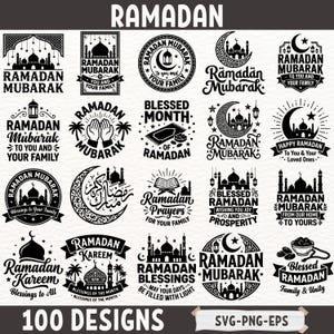 May include: A collection of 100 Ramadan-themed designs in black and white. The designs include mosque silhouettes, crescent moons, stars, and text such as "Ramadan Mubarak" and "Ramadan Kareem". The designs are available in SVG, PNG, and EPS formats.