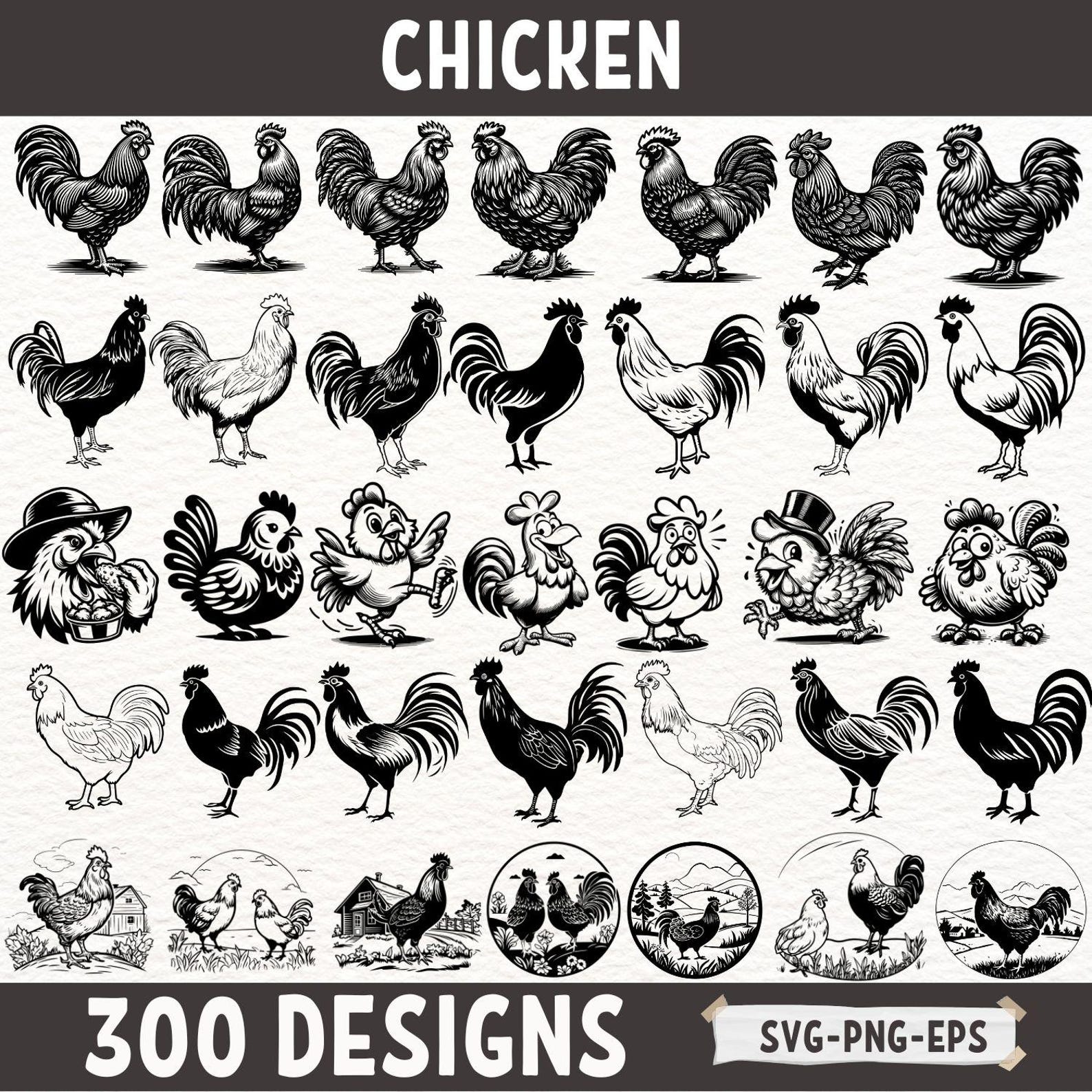 Rustic Chicken Vector Chicken SVG Bundle, Rooster PNG, Farm Animal Clipart, Hen Vector ...