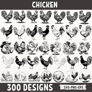 Ensemble de poulet SVG, coq PNG, clipart animaux de la ferme, vecteur de poule, Silhouette de poulet, art de la ferme vintage, fichier de coupe country, EPS
