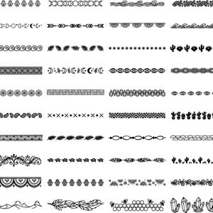 May include: A collection of black and white decorative border designs. The borders feature various patterns, including geometric shapes, floral motifs, and abstract elements. The designs are arranged in rows, showcasing a variety of styles suitable for crafting or design projects.