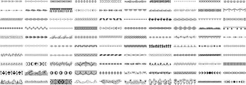 May include: A collection of black and white decorative border designs. The borders feature various patterns, including geometric shapes, floral motifs, and abstract elements. The designs are arranged in rows, showcasing a variety of styles suitable for crafting or design projects.