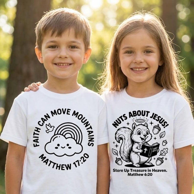May include: Two children wearing white t-shirts with black graphic designs. One shirt says "Faith Can Move Mountains" with a rainbow and cloud. The other says "Nuts About Jesus!" with a squirrel holding a book. Both shirts have Bible verses.