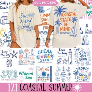 May include: Cream-colored t-shirt with "Sun Kissed Soul" and "Coastal State of Mind" designs. The image includes coastal-themed graphics like palm trees, surfboards, and seashells. Additional coastal summer graphics are also displayed.