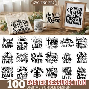 May include: An assortment of Easter-themed digital designs, including a t-shirt, tote bag, mug, and framed print. The designs feature religious phrases and graphics, such as crosses, crowns, and the text "He is Risen". The collection also includes various SVG and PNG files.