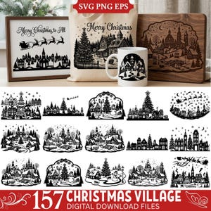Könnte beinhalten: Eine digitale Sammlung von 157 Weihnachtsdorf-Designs mit schwarz-weißen Illustrationen von verschneiten Landschaften, Häusern, Bäumen und dem Weihnachtsschlitten. Die SVG-, PNG- und EPS-Dateien sind auf einer Tasche, einem Becher und einem Rahmen abgebildet.