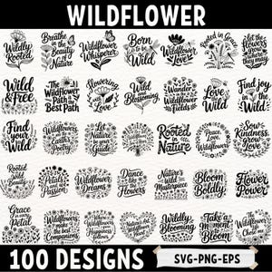 Pakiet Wildflower Quote SVG | 100 plików PNG EPS z kwiatowymi cytatami o naturze dla Cricut i Silhouette | Boho Botanical Inspirational Clipart