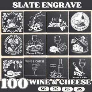 May include: A collection of black slate coasters with white engraved designs featuring wine, cheese, and related imagery. The coasters display various illustrations, including wine glasses, bottles, grapes, and cheese. The text "SLATE ENGRAVE" and "100 WINE & CHEESE" are visible.