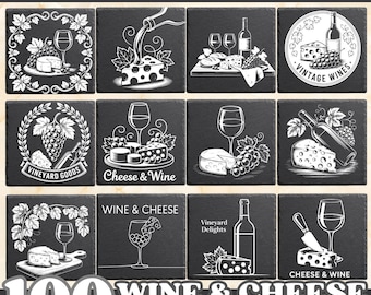 Wine and Cheese Slate Engraving SVG Bundle, Vineyard Cheese Wine Clipart, Winery Cutting Board Designs, PNG PDF Eps Vector Set