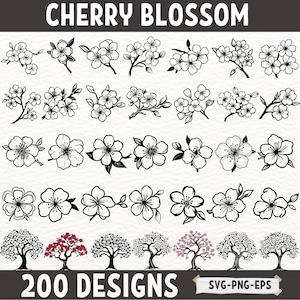 Bundle SVG fleur de cerisier, Clipart fleur de Sakura, vecteur de contour floral, arbre fleur PNG, fichier de coupe numérique, dessins de Silhouette Cricut