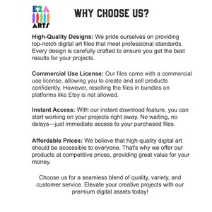 May include: Text graphic with the words "WHY CHOOSE US?" and a list of reasons to choose E2A Arts, including high-quality designs, commercial use license, instant access, and affordable prices.