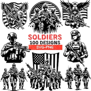 Soldaat SVG PNG-bundel, militair leger clipart, Amerikaanse soldaat ontwerpen, tactisch pistool SVG, patriottisch leger silhouet, digitale download