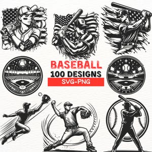 Pacchetto di design SVG di baseball / Clipart PNG di giocatori di baseball / Silhouette di campi da baseball / Arte vettoriale sportiva / File di download istantaneo
