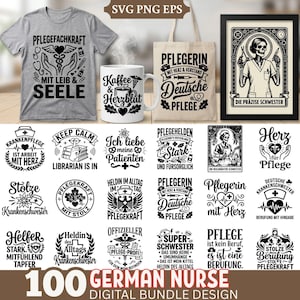 Könnte beinhalten: Ein digitales Bundle-Design mit Grafiken zum Thema deutsche Krankenschwester. Enthält ein graues T-Shirt, einen weißen Becher, eine Tragetasche und einen gerahmten Druck, alle mit zugehörigem Text und Symbolen. Zusätzliche Designs werden unten angezeigt.