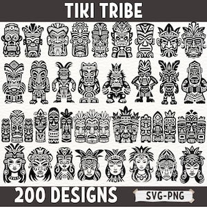 Bundle SVG Tribu Tiki – 200 modèles Tiki uniques pour Cricut & Silhouette, des cliparts de Style polynésien, des fichiers PNG pour les projets de sublimation