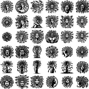 May include: A collection of 64 black and white illustrations of Medusa, the Greek mythological figure with snakes for hair. Each illustration features a different depiction of Medusa, with variations in her facial expression, hair style, and body position.