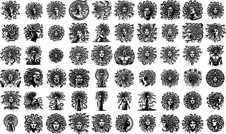 May include: A collection of 64 black and white illustrations of Medusa, the Greek mythological figure with snakes for hair. Each illustration features a different depiction of Medusa, with variations in her facial expression, hair style, and body position.
