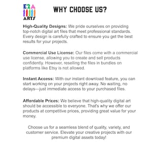Puede incluir: Gr&aacute;fico blanco con el texto "WHY CHOOSE US?" y un logotipo. El texto destaca dise&ntilde;os de alta calidad, licencias de uso comercial, acceso instant&aacute;neo y precios asequibles para archivos de arte digital.