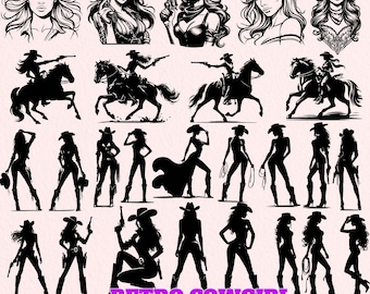 Retro Cowgirl SVG Bundle, 100 Western Rodeo Clipart Designs, Cowgirl Silhouette PNGs, Vintage Cowgirl Clip Art for Cricut, Sublimation