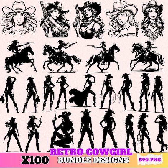 Retro Cowgirl SVG Bundle, 100 Western Rodeo Clipart Designs, Cowgirl Silhouette PNGs, Vintage Cowgirl Clip Art for Cricut, Sublimation