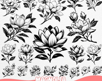 Magnolie Blume SVG PNG Bundle, Blumen Clipart für Cricut und Silhouette, botanische Blume Vektor, Magnolie Tattoo-Designs, Digital Art Set