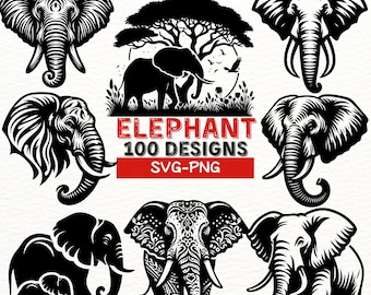 Elephant SVG Bundle, 100 Elephant PNG Designs, Elephant Clipart for Cricut, Mandala Elephant Cut Files, Wildlife Animal Silhouette Vectors